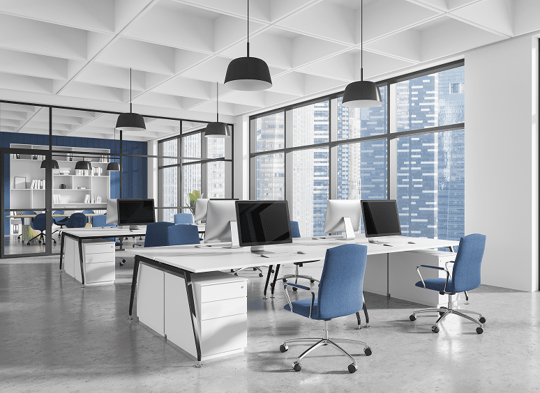 Modern open-plan office with blue chairs