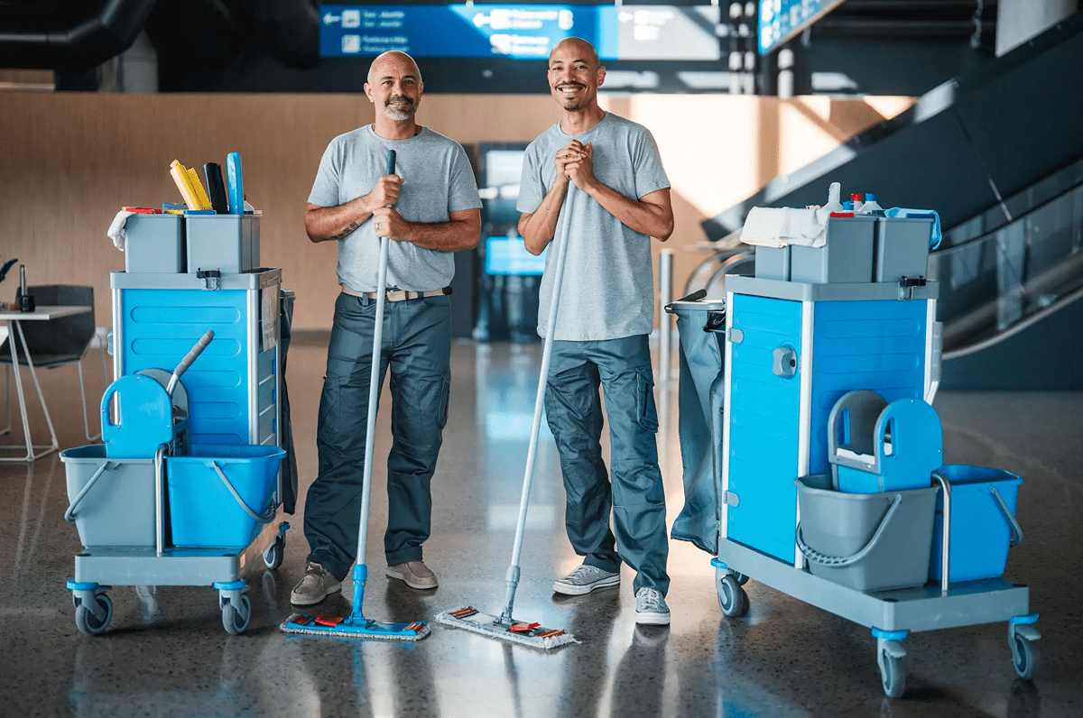 Two smiling janitors stand indoors holding mops beside their cleaning carts filled with buckets and supplies in a bright, modern building.