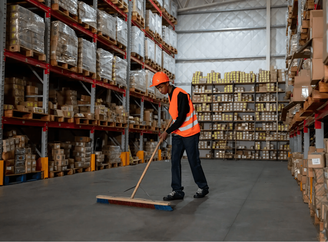 Man in vest sweeping large warehouse floor